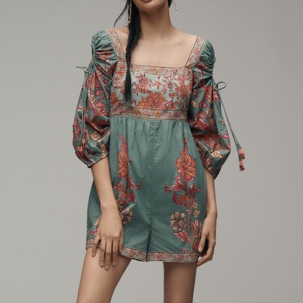 New FARM Rio x Anthropologie Floral Green Romper with Puff Sleeves